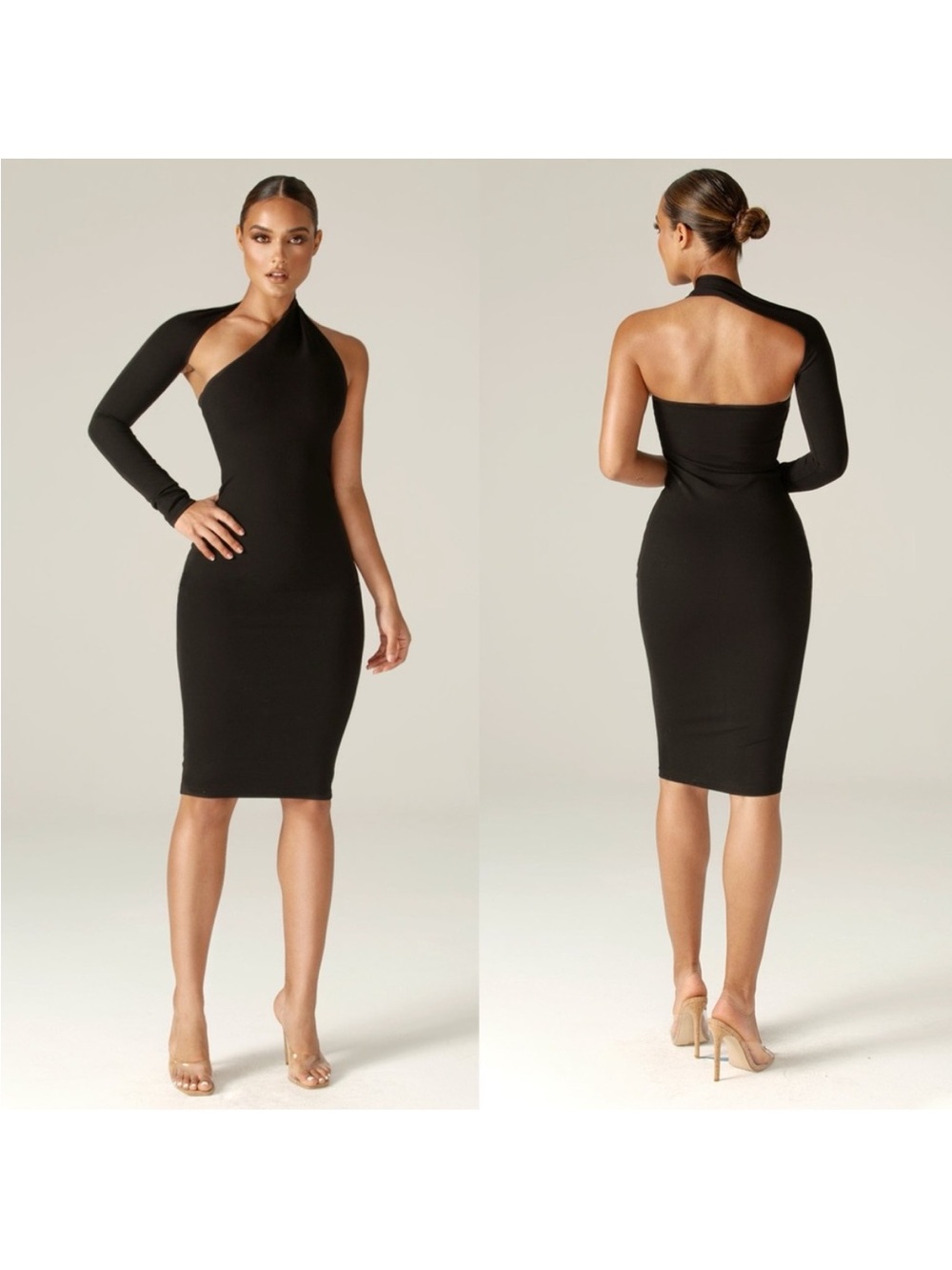 Aliava Black One-Shoulder Midi Dress | Asymmetric Sleeve Bodycon | Size M